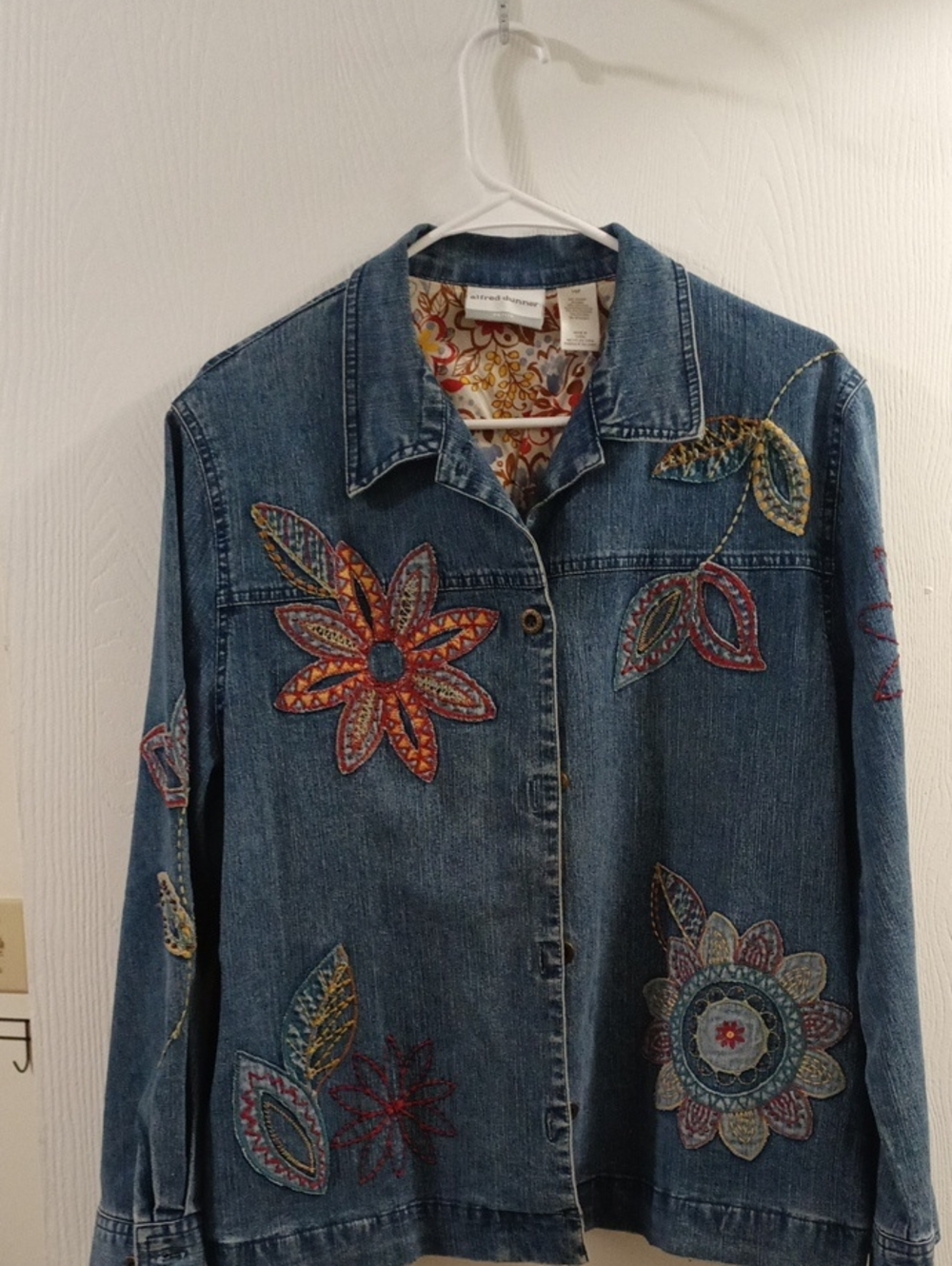 Alfred Dunner Blue Denim Button-Down Jacket with Floral Appliqué